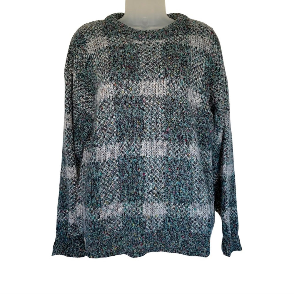 Vintage Wool Chunky Grandma Sweater Green Pattern Gingham Holiday Christmas